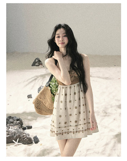 "Whispers Through the Wheat Fields" Oat Beige Floral Cami Babydoll Mini Dress
