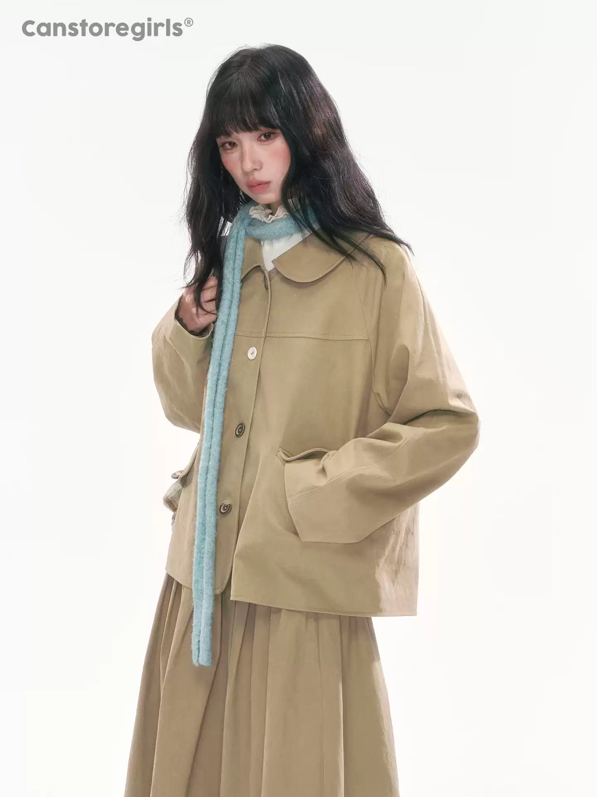 [CAN] Khaki Peter Pan Collar Jacket & Midi Skirt Set