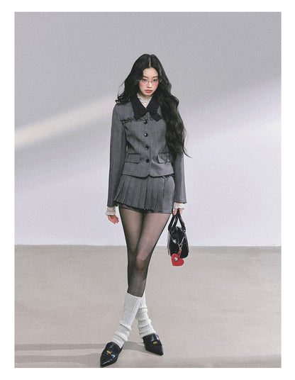 少也眼 “Maxiny Reverie” French Academia Jacket & Pleated Skirt Set