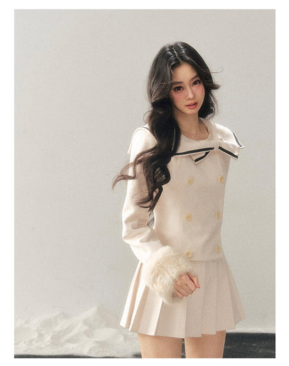 少也眼 "Silent Confession" Apricot Preppy Pleated Mini Dress