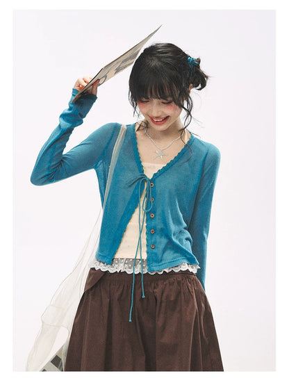 "Comfort Corner" Tie-Front Knit Cardigan (Melon Green/ Peacock Blue)
