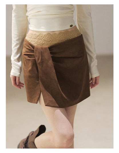 170726  "The Gentle Evening Breeze" Roasted Pecan Lace-Trim Faux Layered Wrap Mini Skirt