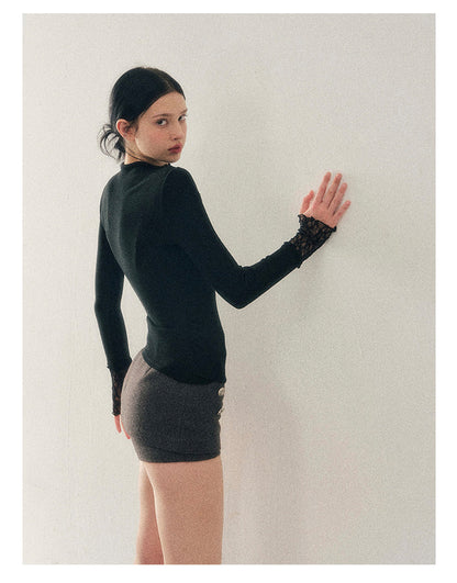 少也眼 “Interplay of Illusion” Semi-High Neck Lace Cutout Top - Black