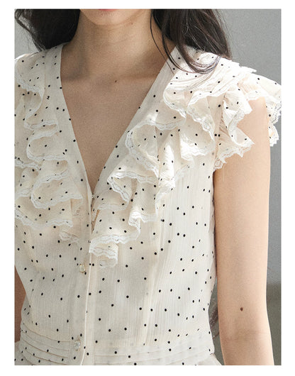 "Falling Into the Galaxy" Cream Ivory Polka Dot Chiffon Blouse