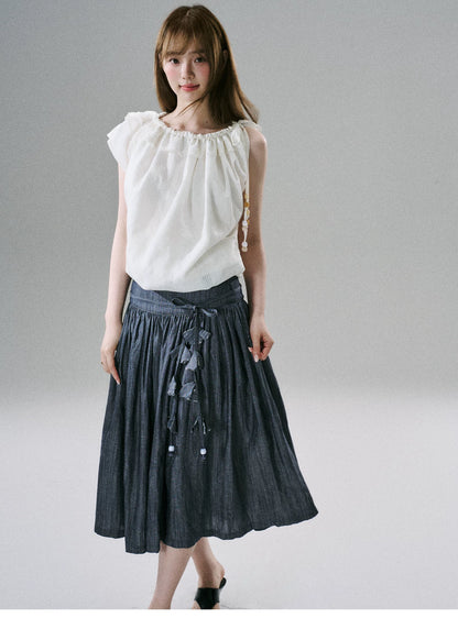 LOST FOREST - Natural Linen-Blend Drawstring Shoulder Top