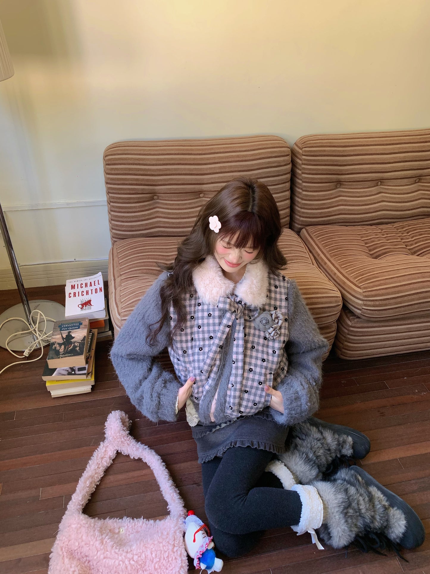 阮阮自制 - Soft Ruffle Dark Gray Tweed Skirt