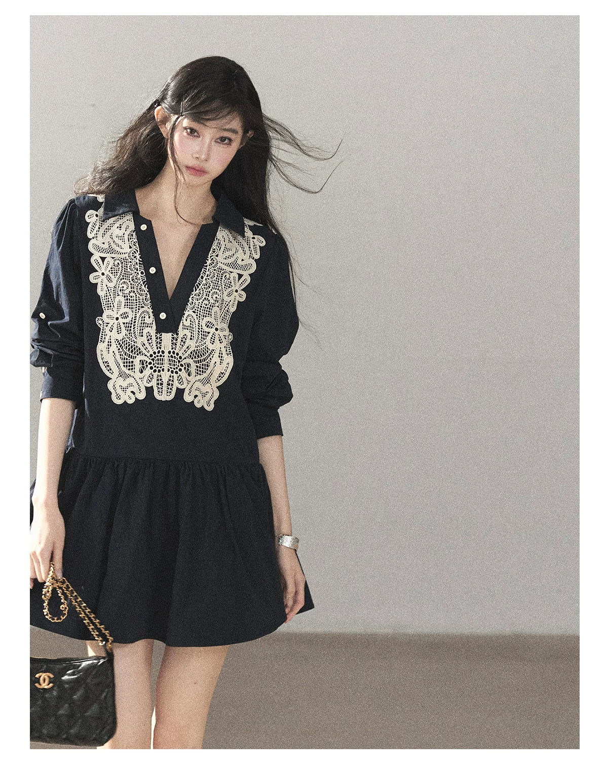 AOMALM - Navy French-Inspired Lace Shirt Mini Dress with Convertible Sleeves