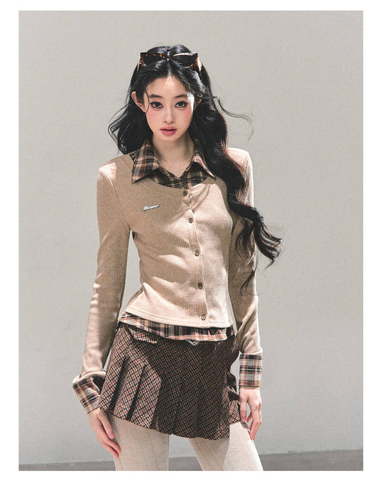 少也眼 “Whispers of Moss” Layered-Effect Polo Knit Top 543647584