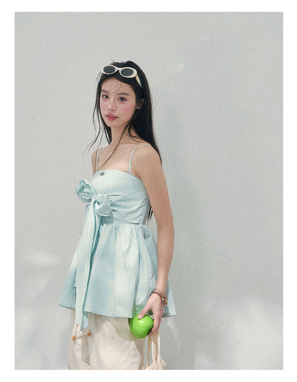 “Whispers in Blue” Off-Shoulder Ribbon Babydoll Top