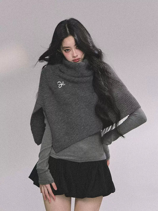 少也眼 Korean Style Loose Turtleneck Knit Cape