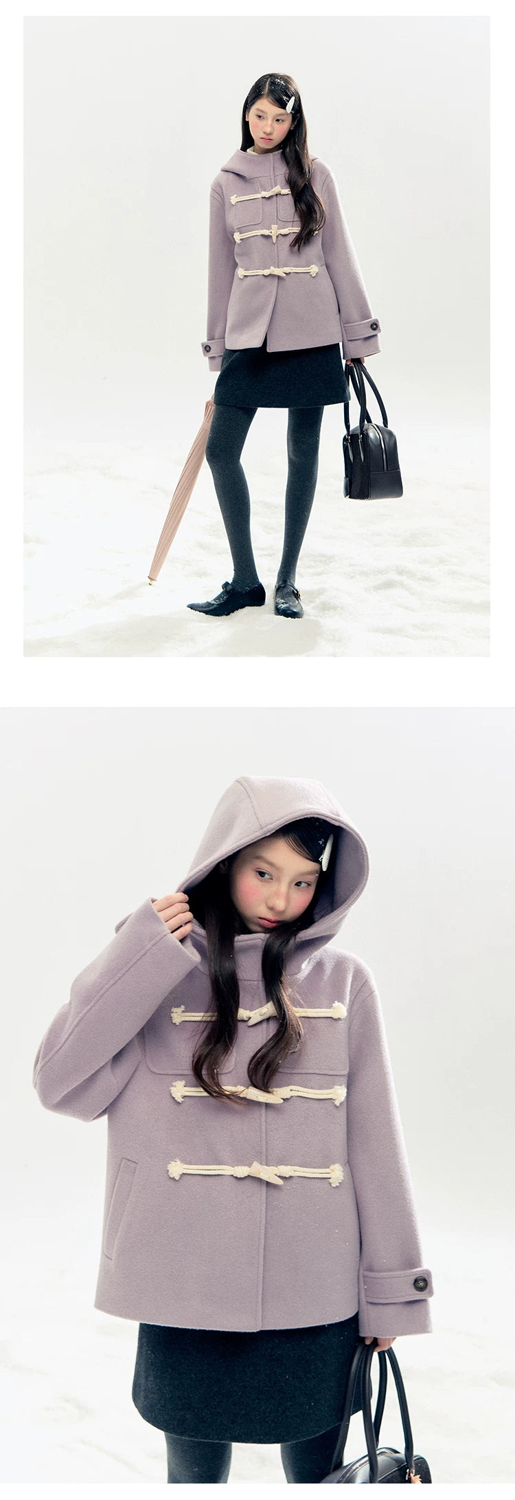 "Velvet Snowfall" Purple Mist Hooded Quilted Wool-Touch Duffle Coat