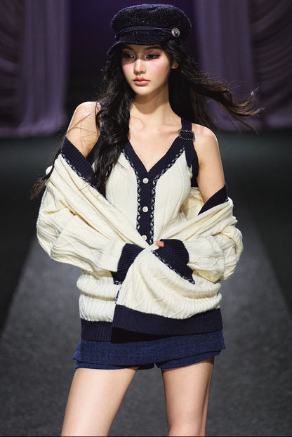 Contrast Knit Cardigan, V-Neck Tank & A-Line Skort Three-Piece Set