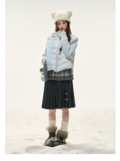 BIBIBENCY - Pale Blue Knit-Panel 90% White Duck Down Puffer Jacket (With Scarf)