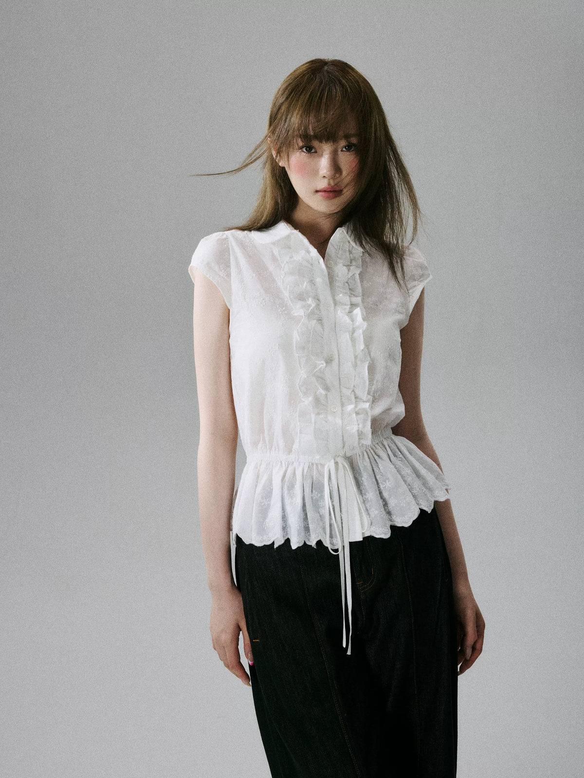 LOST FOREST - White Embroidered Ruffle Sleeve Cotton Blouse