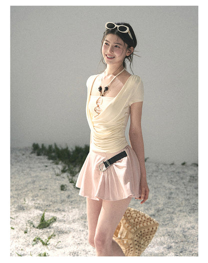 “Soft Veil Muse” Cream Apricot Layered Halter Lace Top