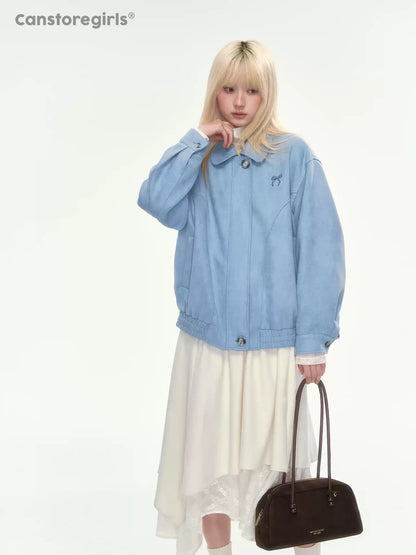 [CAN] Dusty Blue Suede Bow Embroidery Jacket