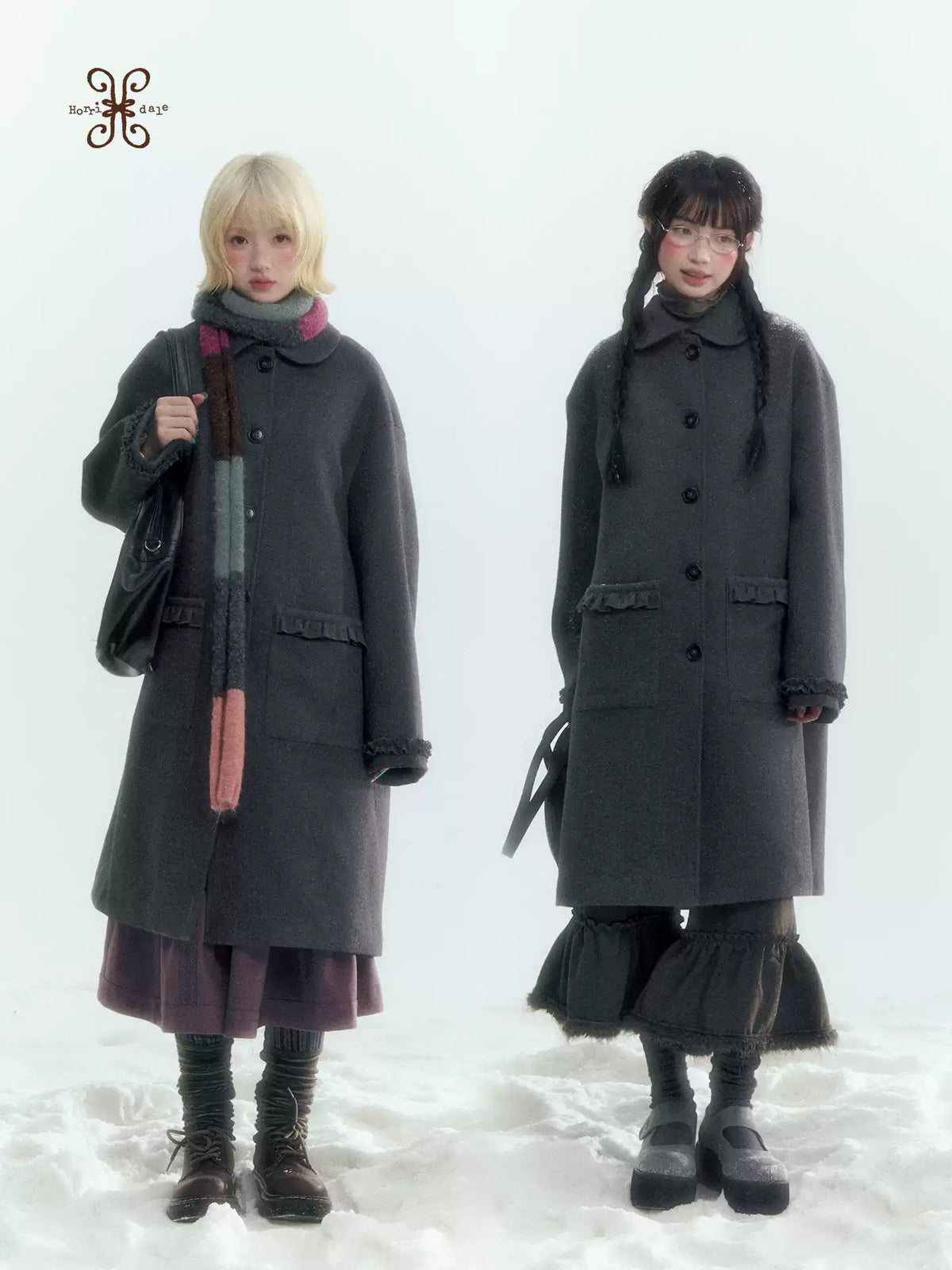 Horridale - Korean-Inspired Dark Gray Ruffle-Trim Long Wool-Blend Coat