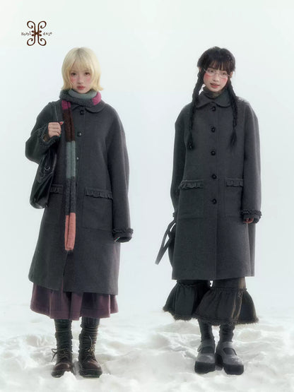 Horridale - Korean-Inspired Dark Gray Ruffle-Trim Long Wool-Blend Coat