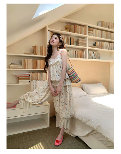 [RF] “Milk Cloud” Ivory Rainbow Polka Dot Bloom Pants Set