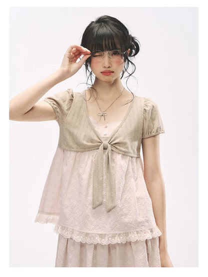 "Sweetheart Pages" Blush Pink Bow Puff Sleeve Top & A-Line Skirt Set