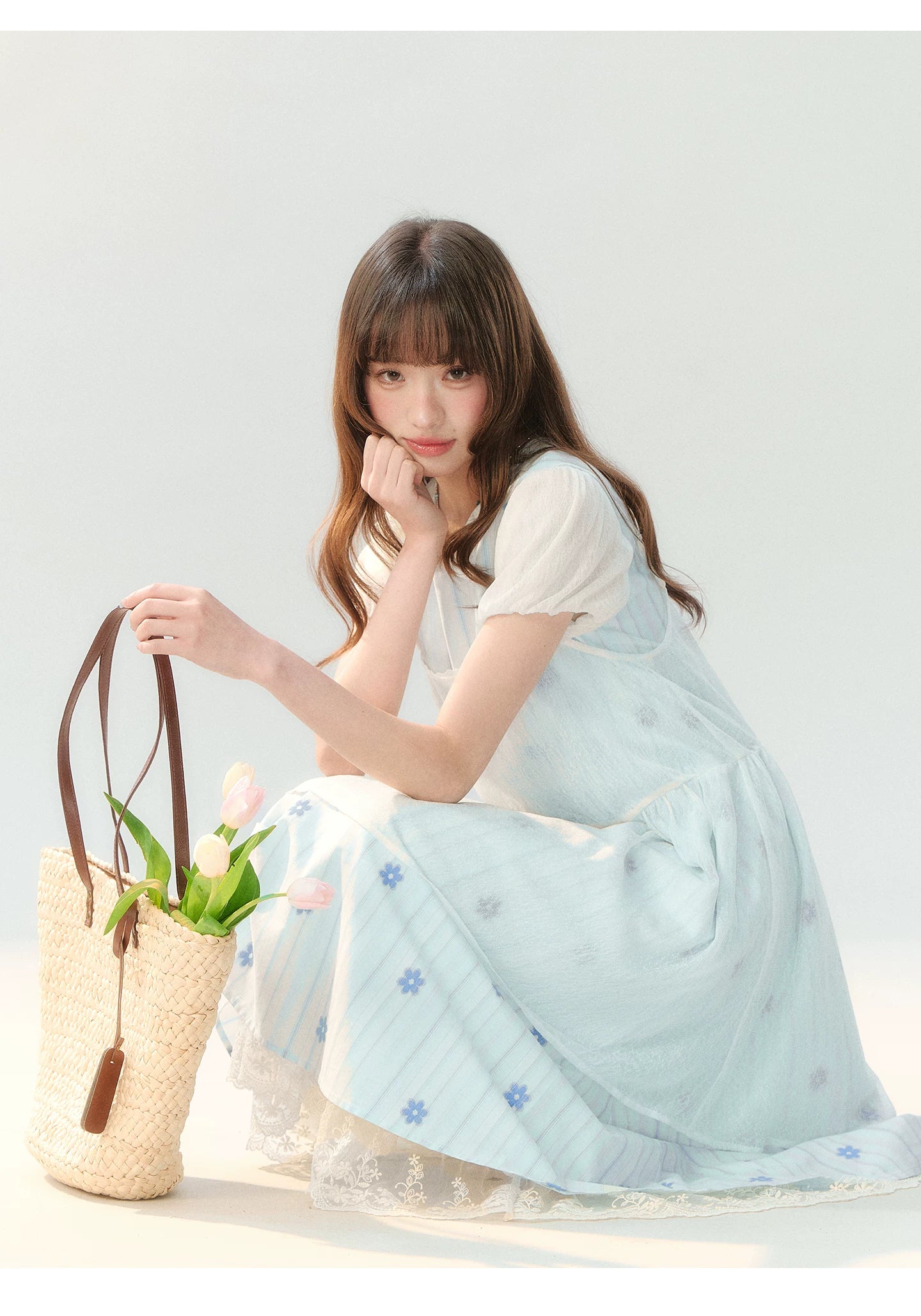 "Soft Bloom Chronicle" Blue Floral Dress & Apricot Cami Set