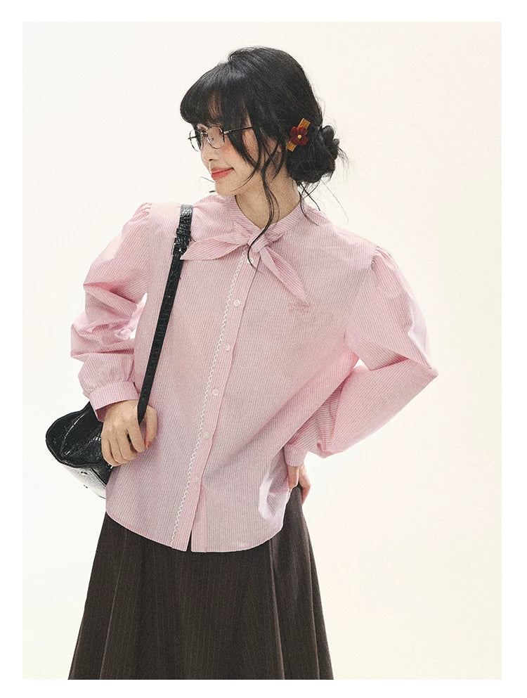 "Blush Poetry" Pink Stripe Cotton Bow Blouse