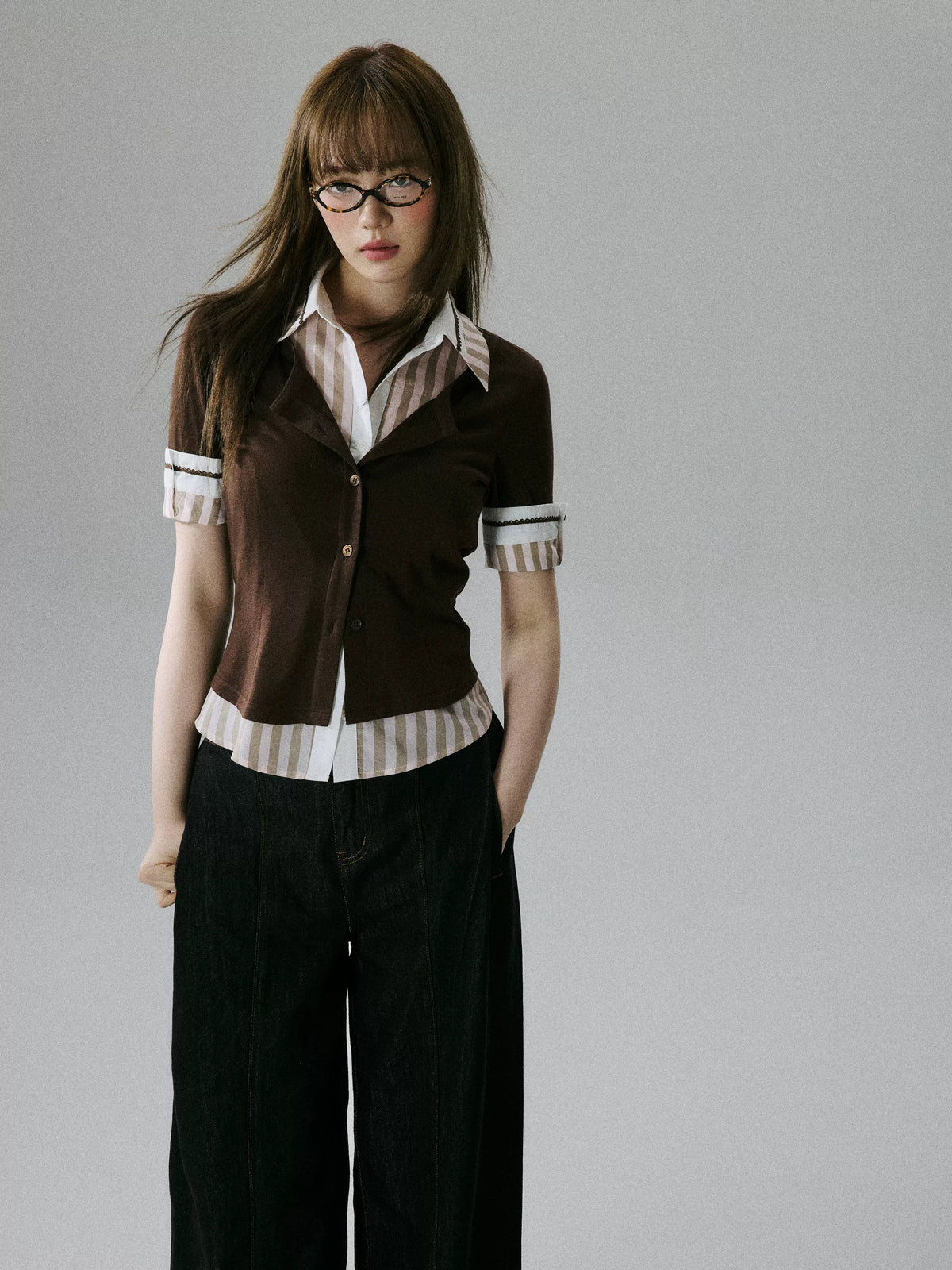 LOST FOREST - Brown & Pink Faux-Layered Lyocell Wool Top