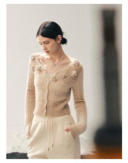 少也眼 “The Density of Lingering Warmth” French-Inspired Floral Knit Top