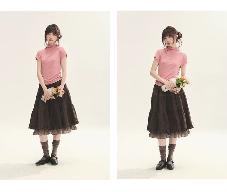 "Rose Haze" Dusty Pink Mock Neck Ruched Puff Sleeve Top
