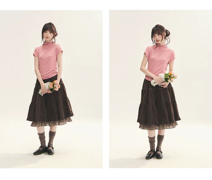 "Rose Haze" Dusty Pink Mock Neck Ruched Puff Sleeve Top
