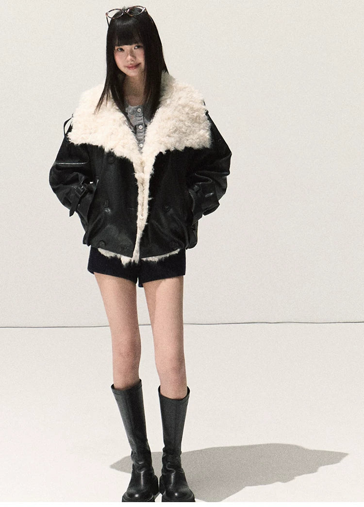 OAKMOO/ Cropped Faux Leather Shearling-Collar Jacket (Rich Black / Hazelnut Khaki)