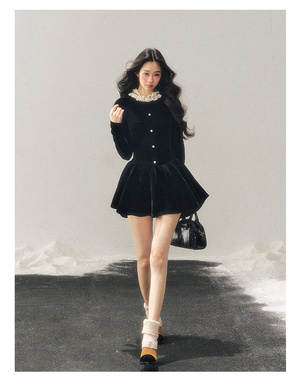 040126 "The Bladette Heiress" French Lace-Trim Velvet Mini Dress