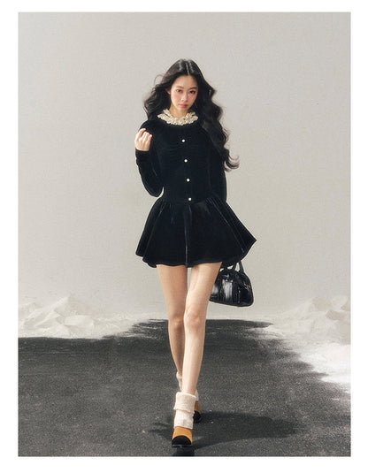 040126 "The Bladette Heiress" French Lace-Trim Velvet Mini Dress