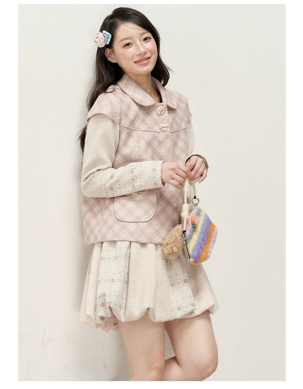 [RF] Pink Gingham Wool Blend Cropped Coat with Peter Pan Collar