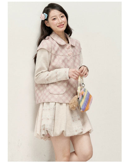 [RF] Pink Gingham Wool Blend Cropped Coat with Peter Pan Collar