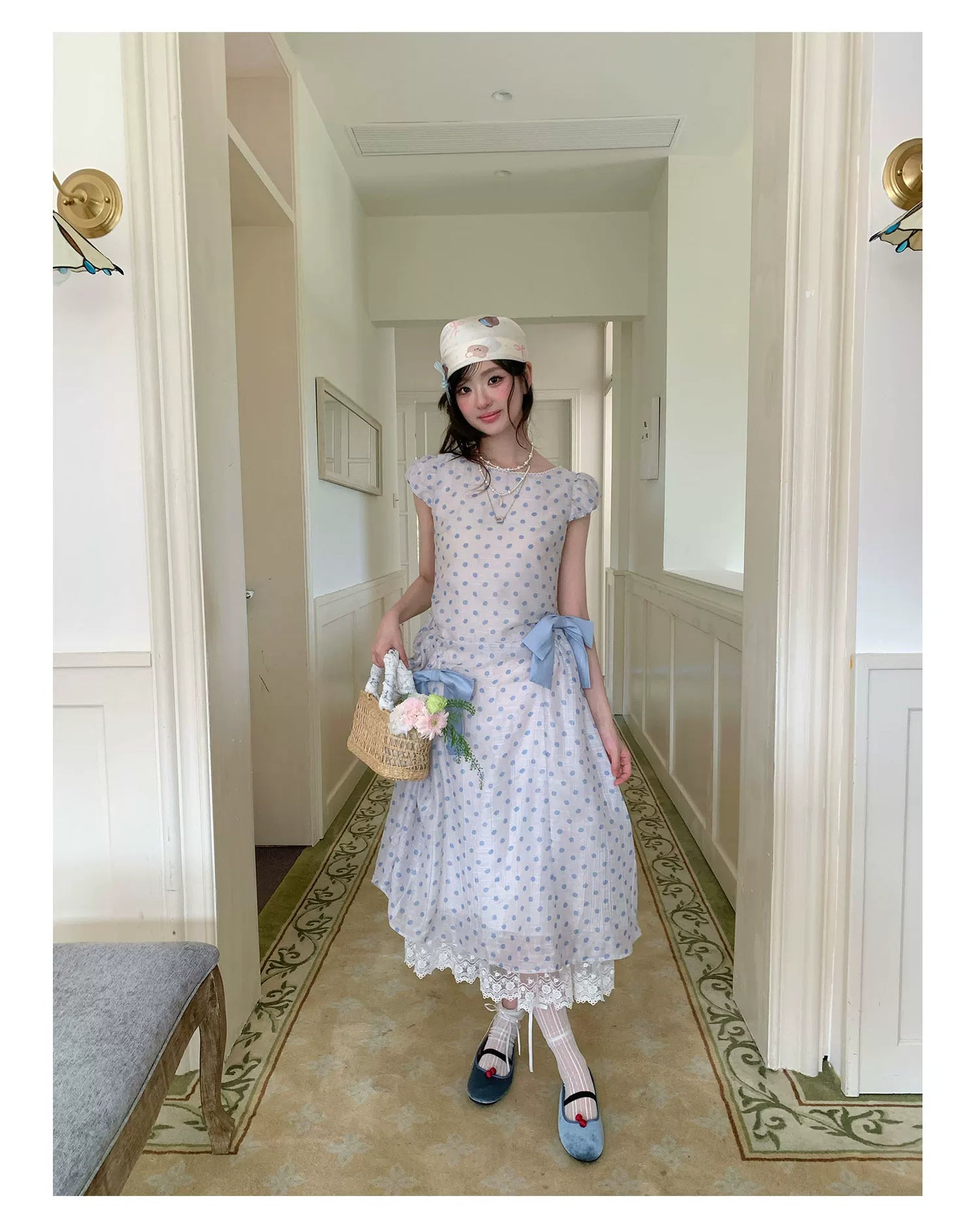 “Blue Mist Polka Reverie” Mist Blue Bow Lace Dress