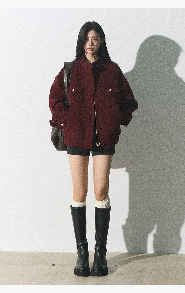 OAKMOO/ "Plum Blossom Mood" Angora Red Wool-Blend Harrington Jacket