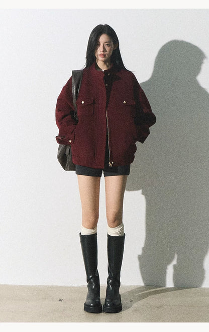 OAKMOO/ "Plum Blossom Mood" Angora Red Wool-Blend Harrington Jacket