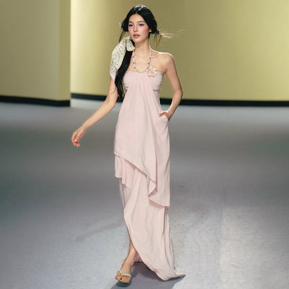 "Moonlit Reverie" Halter Layered Maxi Dress (Black/ Blush Pink)