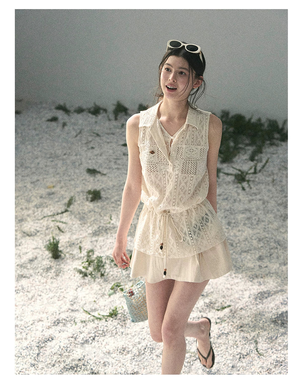 “Summer Breeze Kissing the Hem” Ivory Lace Layered Sleeveless Top