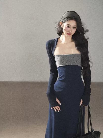 AOMALM - Iris Blue Two-Piece Dress Set – Strapless Maxi with Long Sleeve Cardigan