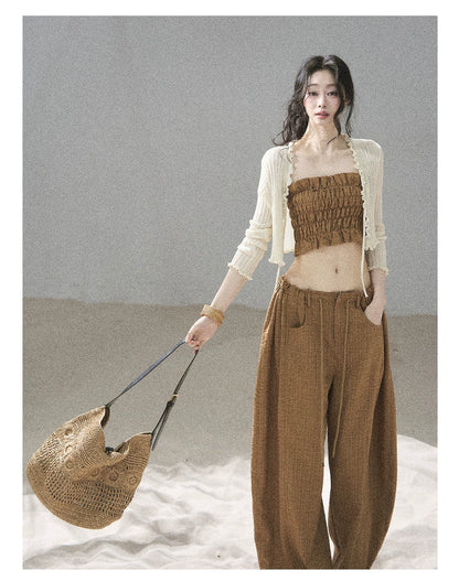 "Caramel Dusk" Ash Caramel Shirred Bandeau Top & Relaxed Pants Set
