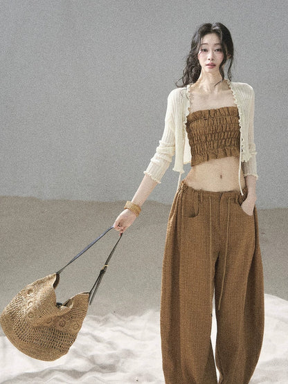 "Caramel Dusk" Ash Caramel Shirred Bandeau Top & Relaxed Pants Set