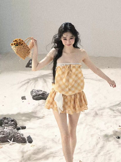 "Breeze Upon the Waves" Cheese Yellow Off-Shoulder Diamond Quilted Mini Dress