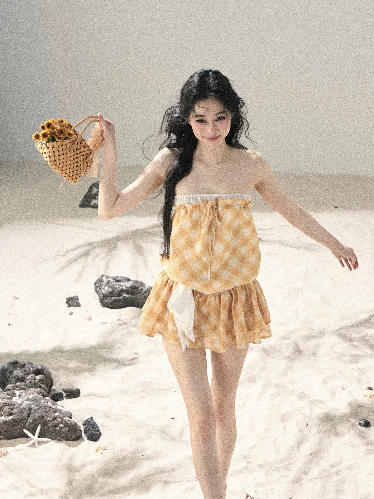 "Breeze Upon the Waves" Cheese Yellow Off-Shoulder Diamond Quilted Mini Dress