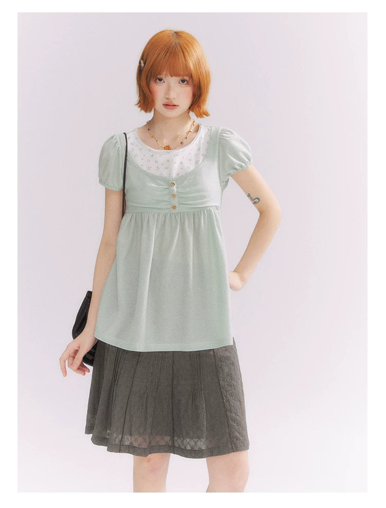 “Vintage Layered Charm” Mint Green Floral Layered Puff Sleeve T-Shirt