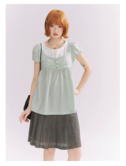 “Vintage Layered Charm” Mint Green Floral Layered Puff Sleeve T-Shirt
