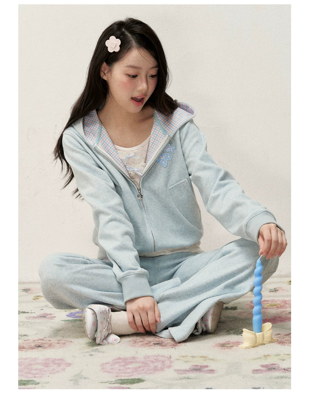 [RF] Soft Gingham Color-Block Hoodie and Flare Pants Set (Blue / Mauve)