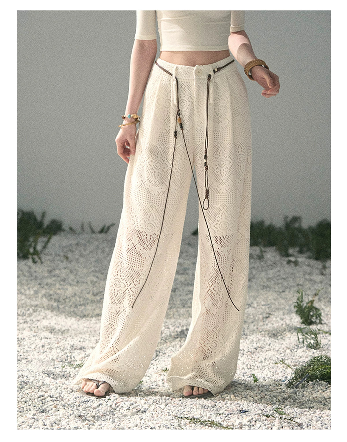 “Wandering Here” Milk Apricot Openwork Wide-Leg Pants
