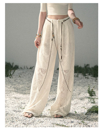 “Wandering Here” Milk Apricot Openwork Wide-Leg Pants